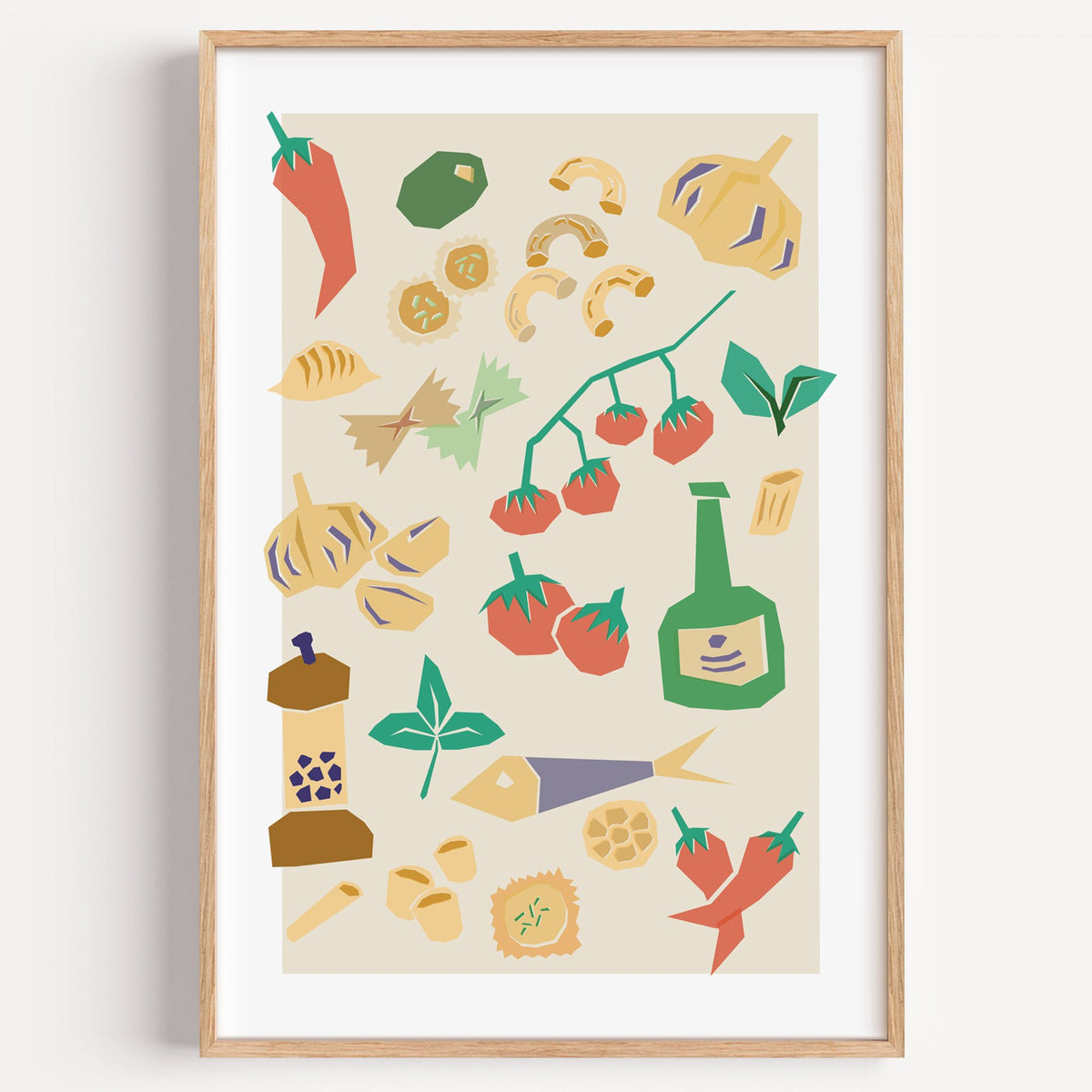 Italian ingredients cut-paper pattern print in a light oak frame on a plain white wall