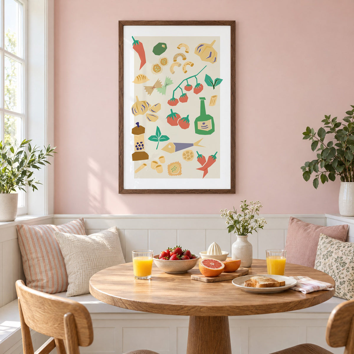 Italian ingredients cut-paper pattern print in a walnut frame on a pastel pink wall above a breakfast nook with strawberries and orange juice