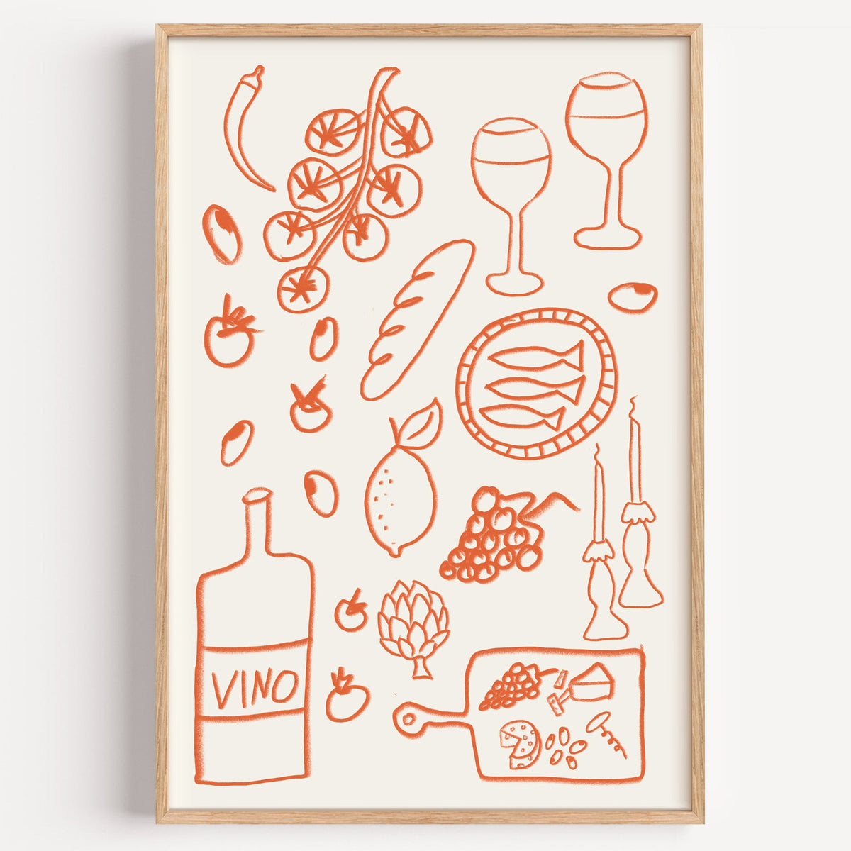 Italian pantry doodle print in a light oak frame on a plain white wall