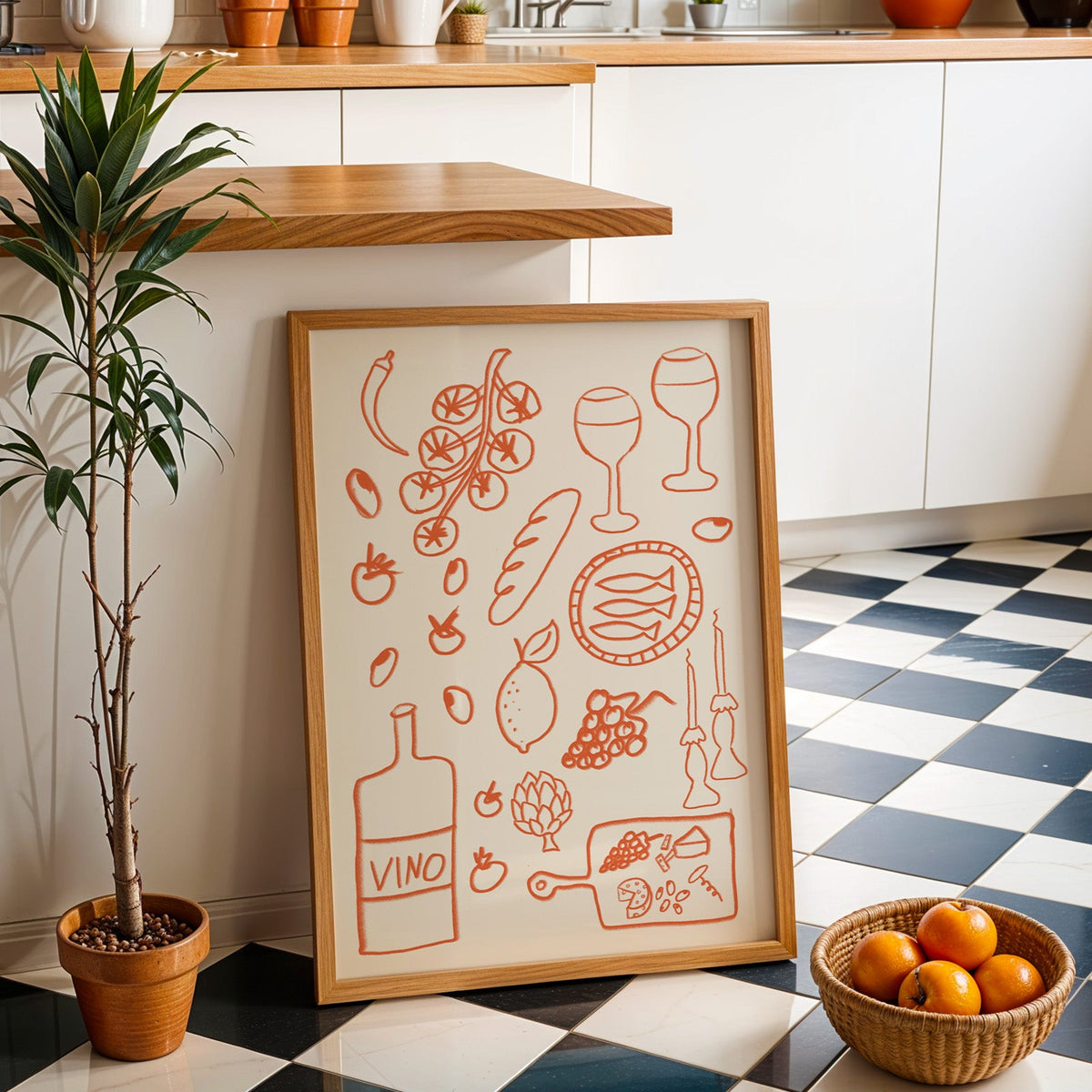 Italian pantry doodle print in an oak frame by a kitchen island and checkered floor