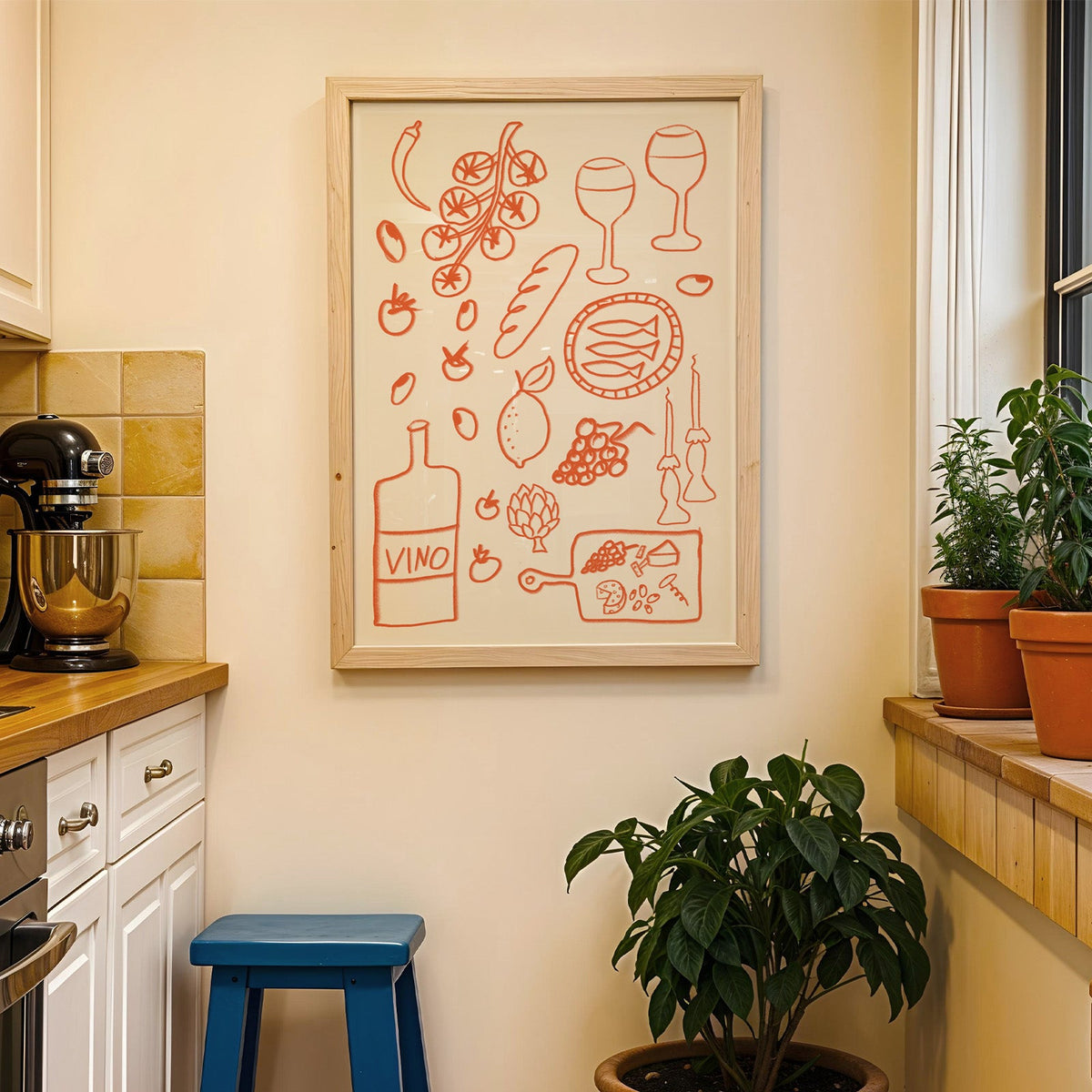 Italian pantry doodle print in a wood frame on a yellow tiled kitchen wall