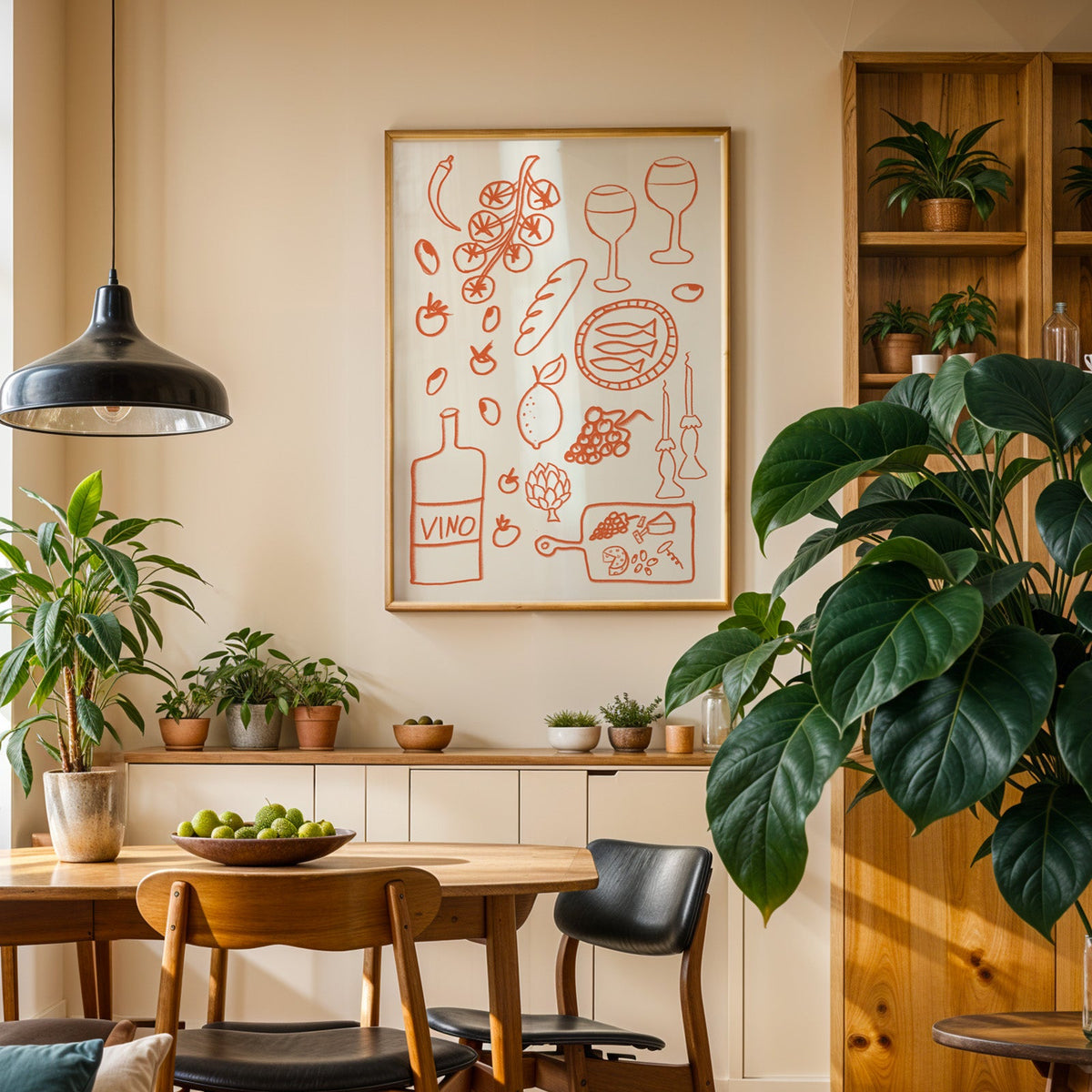 Italian pantry doodle print in an oak frame above a sideboard in a plant-filled dining room
