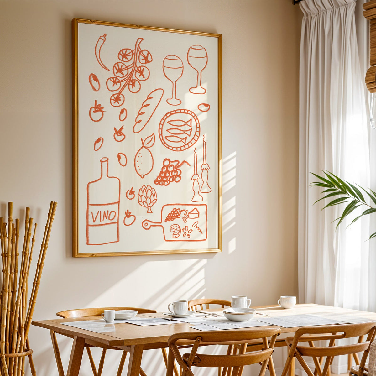Italian pantry doodle print in a gold frame above a sunlit breakfast table