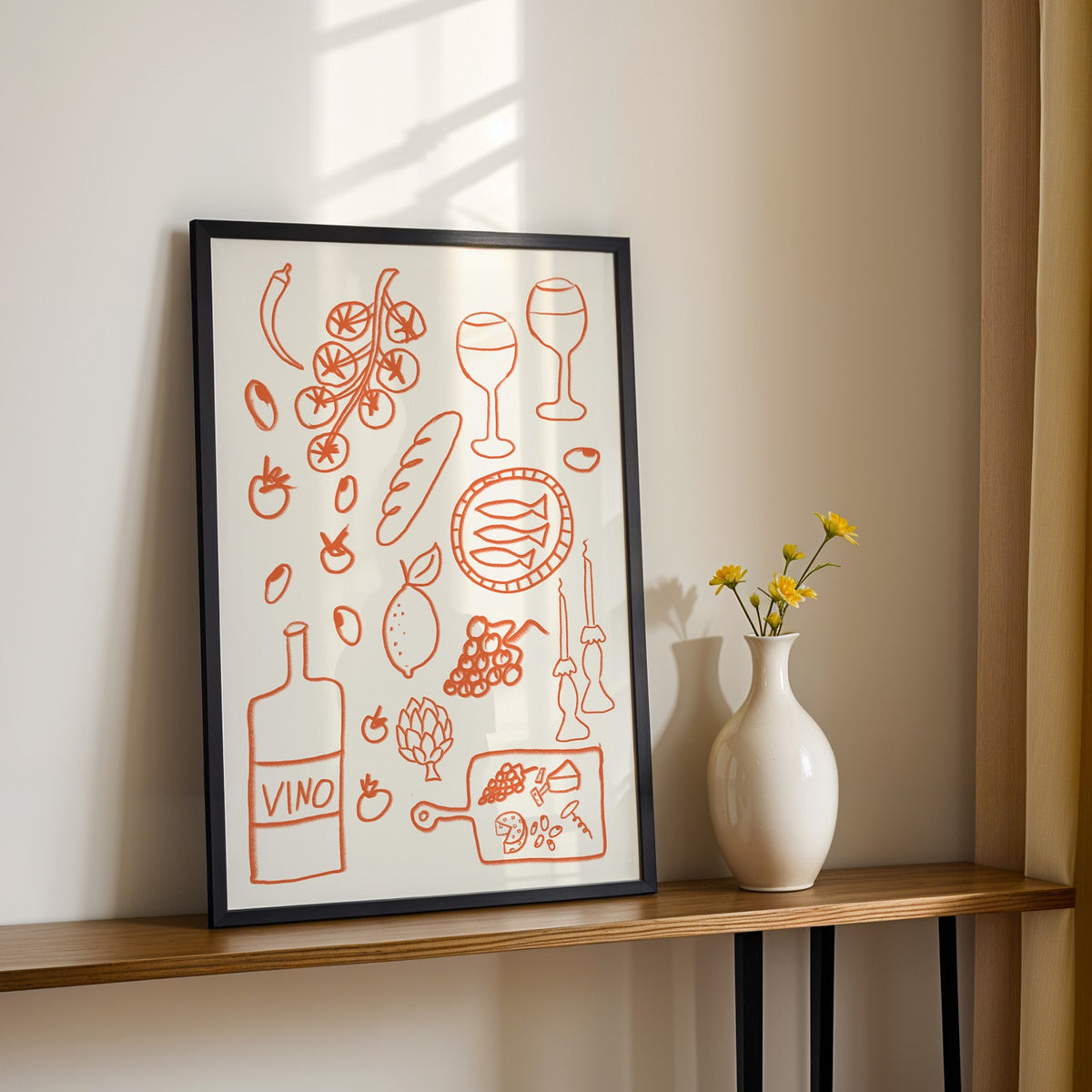Italian pantry doodle print in a black frame on a console table with yellow daisies