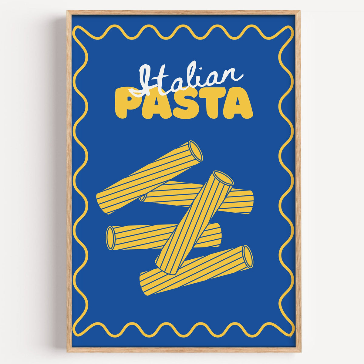 Italian pasta rigatoni print in a light oak frame on a plain white wall