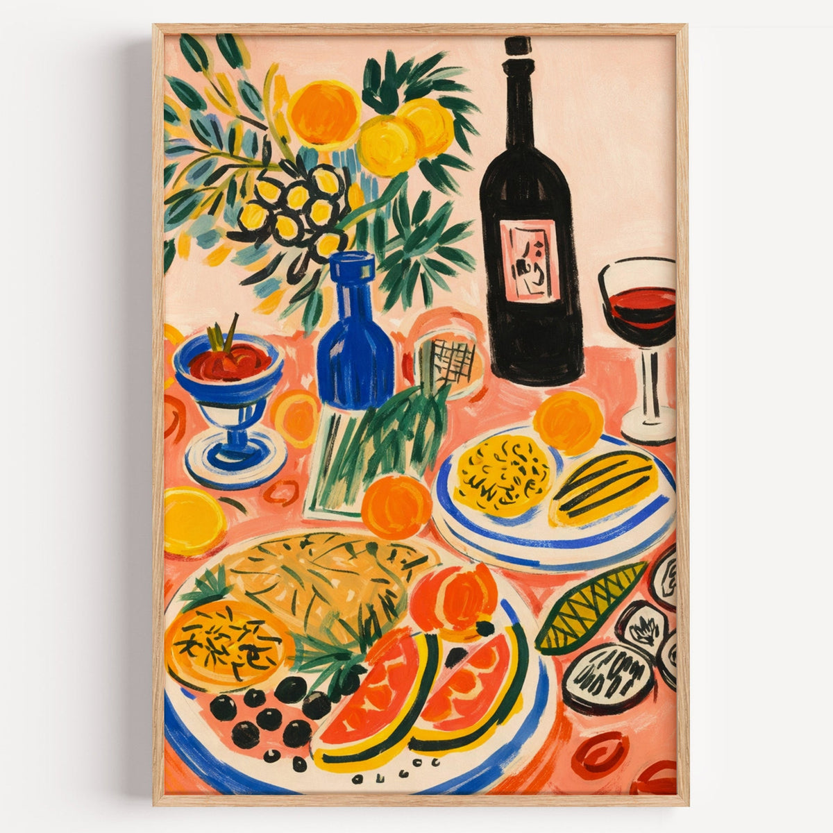 Painted Italian table print in a light oak frame on a plain white wall