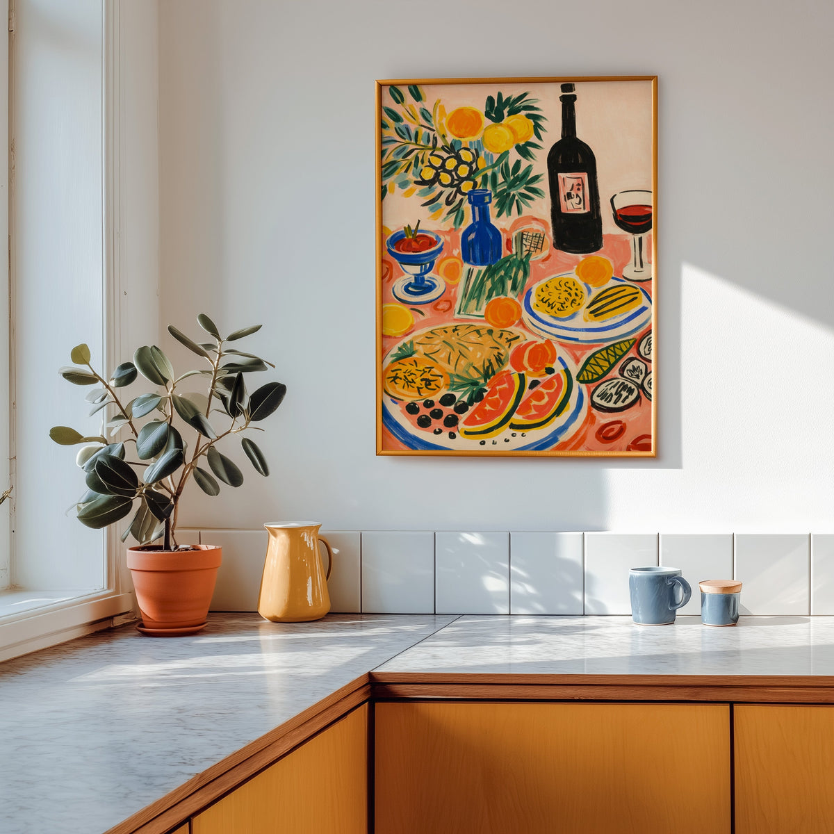 Italian table print in a gold frame above a marble counter with a yellow ceramic jug