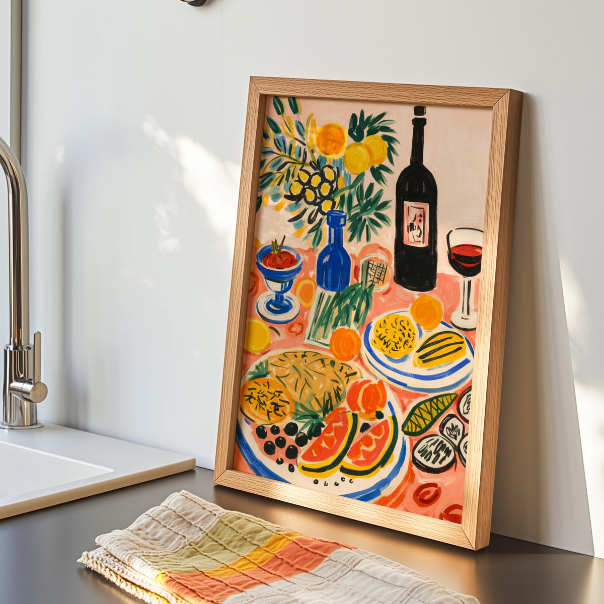 Italian table print in an oak frame by the kitchen sink beside a striped tea towel