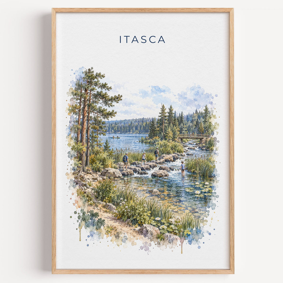 Itasca State Park watercolor print in a light oak frame on a plain white wall