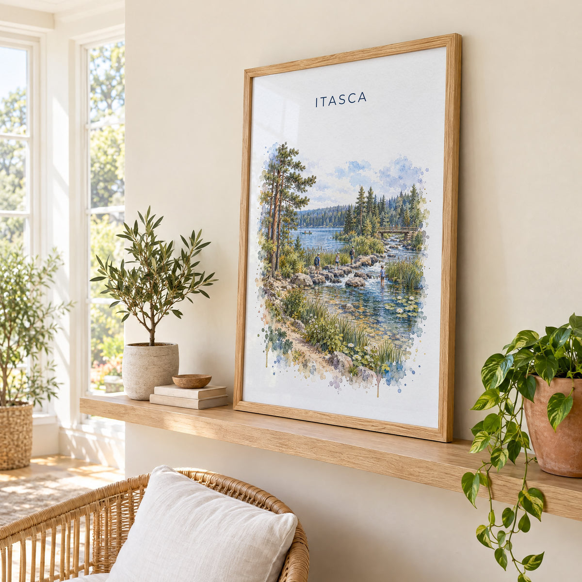 Itasca State Park watercolor print in an oak frame on a picture ledge in a sunlit sunroom