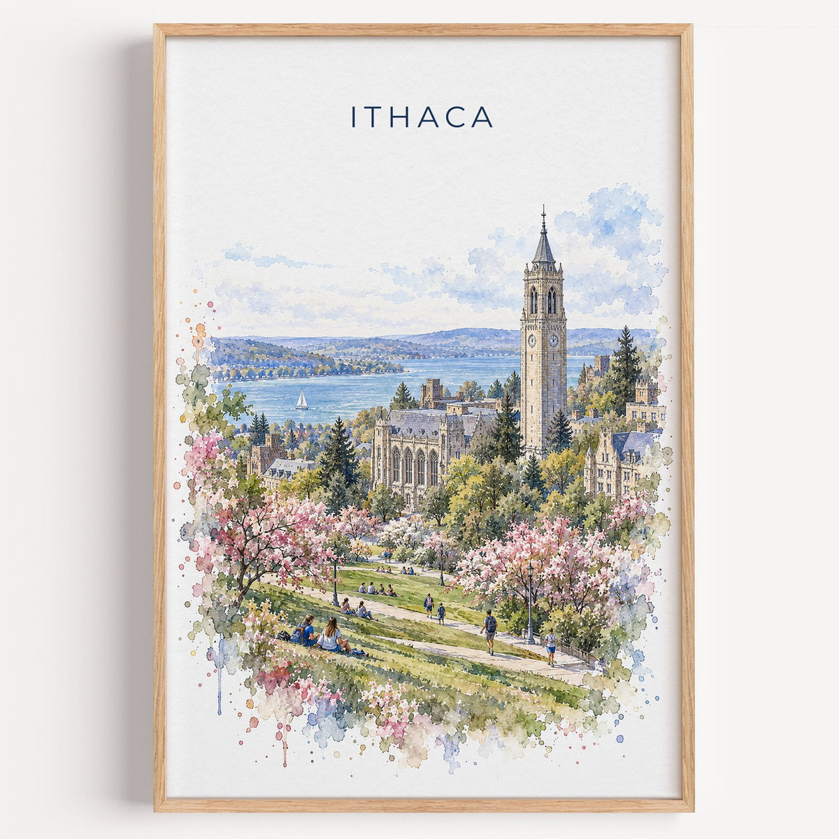 Ithaca watercolor print in a light oak frame on a plain white wall