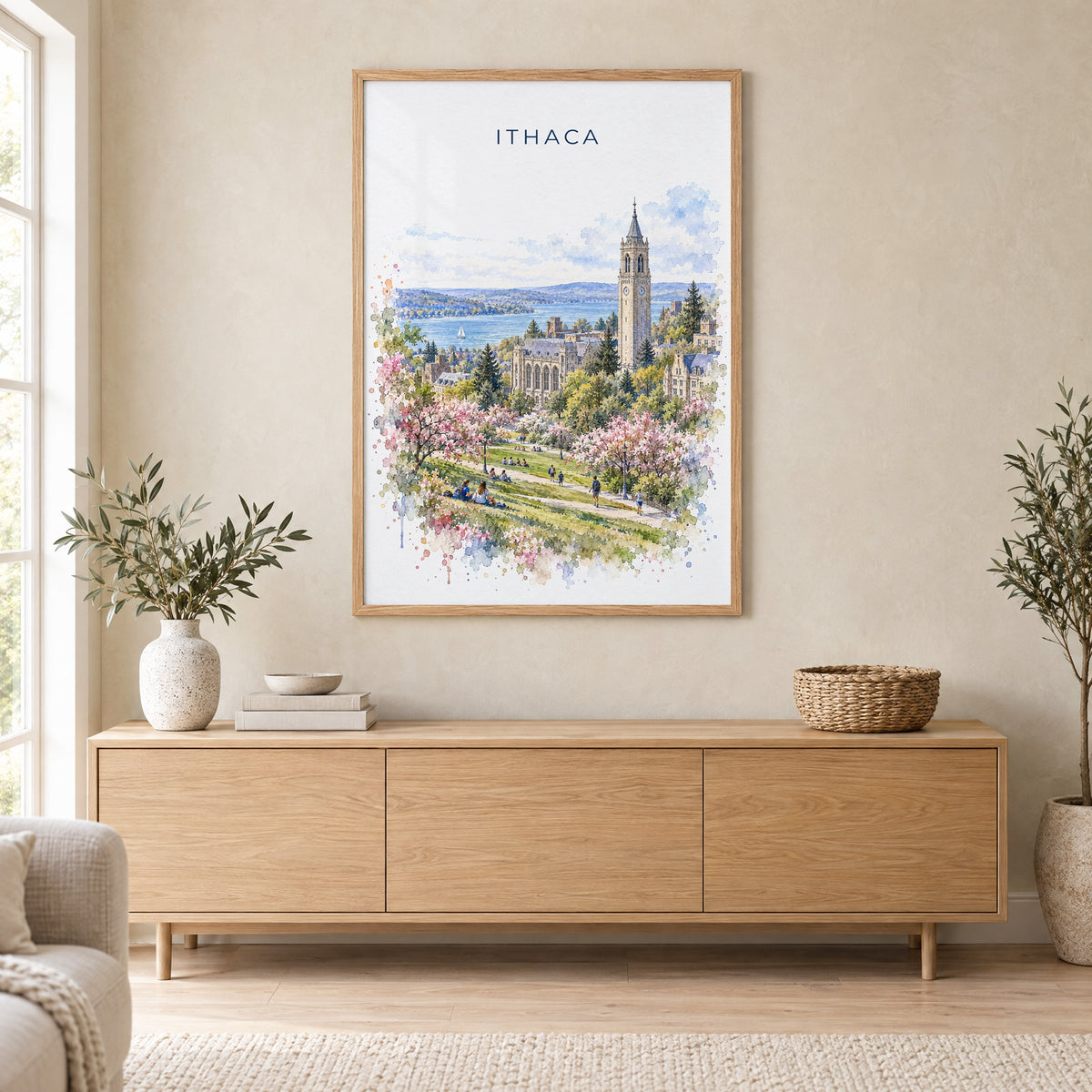 Ithaca watercolor print in an oak frame above a light wood sideboard in a Scandinavian living room