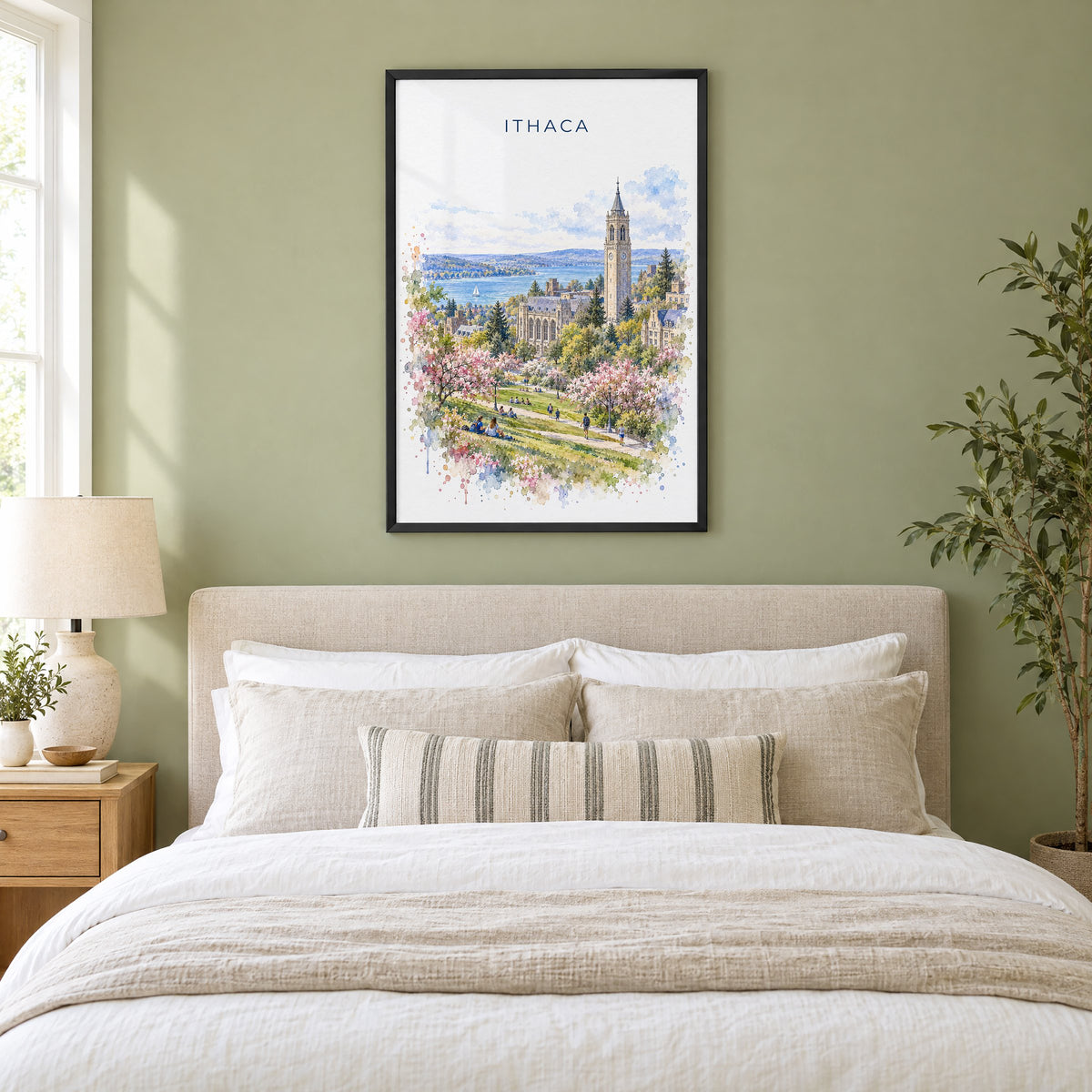 Ithaca watercolor print in a black frame above an upholstered headboard in a sage green bedroom