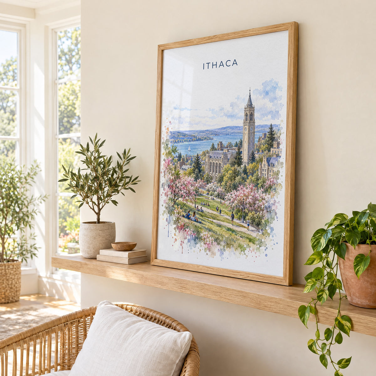 Ithaca watercolor print in an oak frame on a picture ledge in a sunlit sunroom