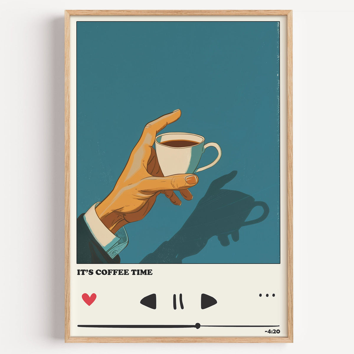 It's Coffee Time teal player print in a light oak frame on a plain white wall