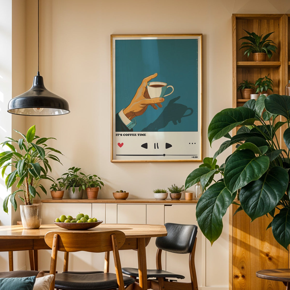 It's Coffee Time print in an oak frame in a dining room above a plant-lined sideboard
