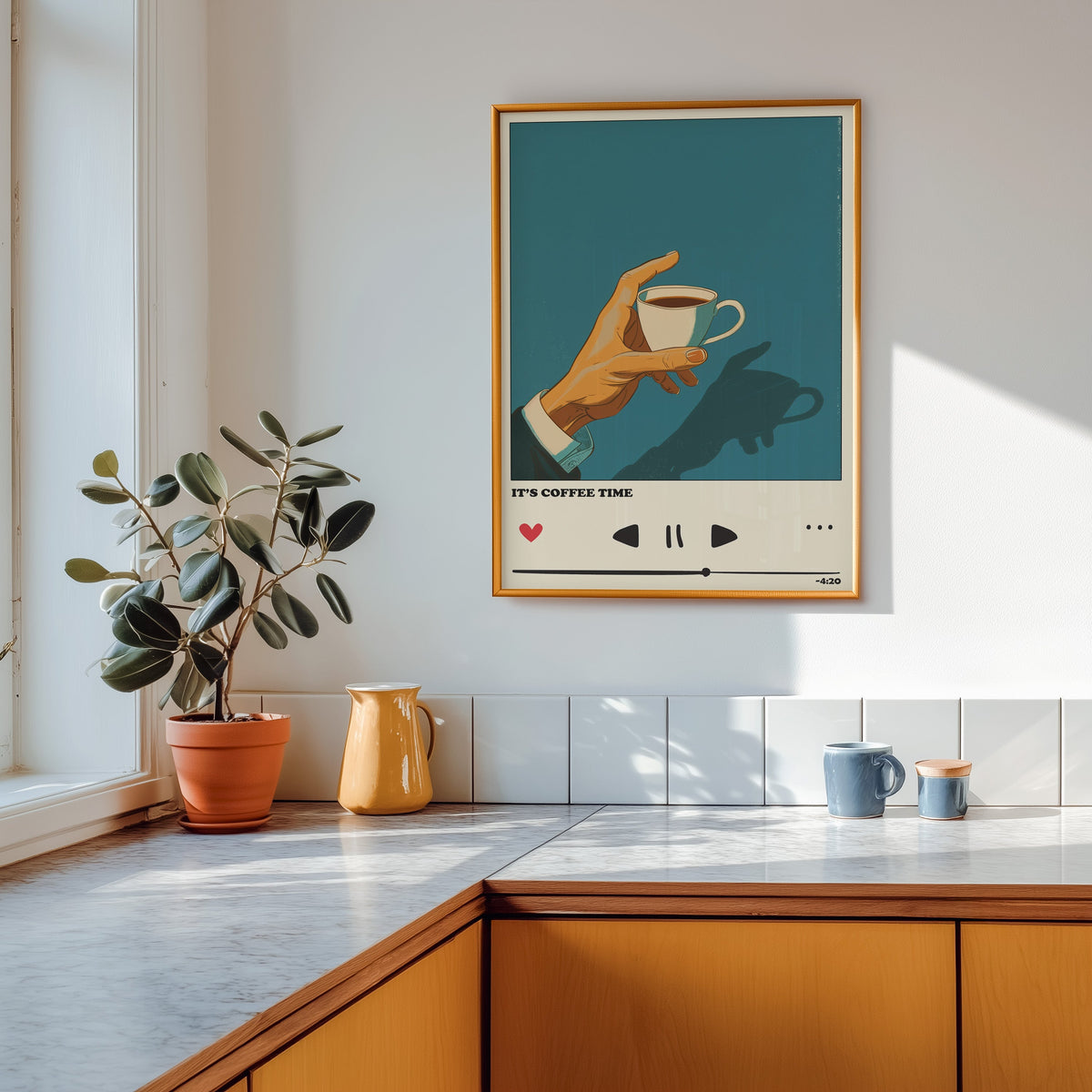 It's Coffee Time print shown in a gold frame above a marble counter in a tan kitchen