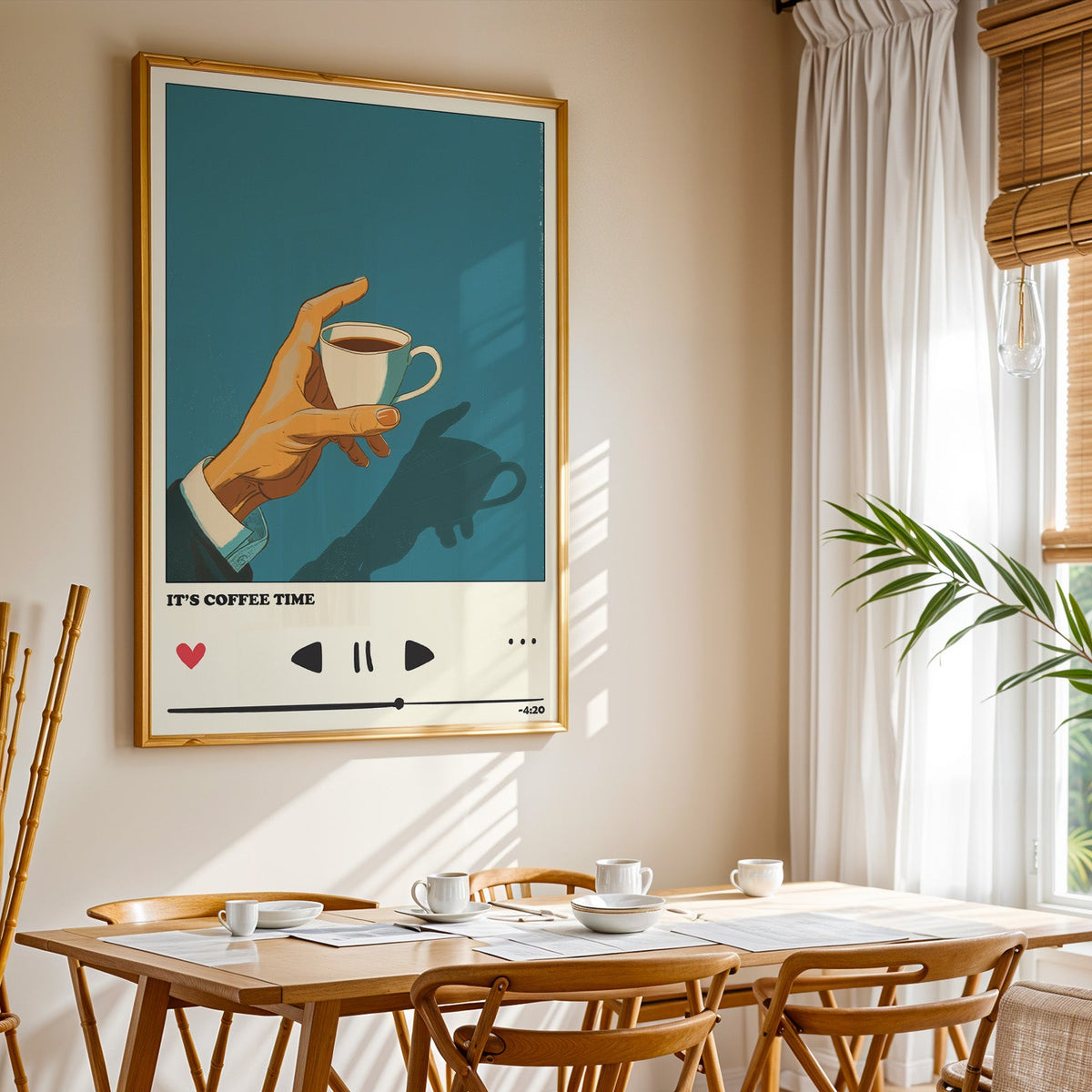 It's Coffee Time print shown in a gold frame above a breakfast table by a curtained window