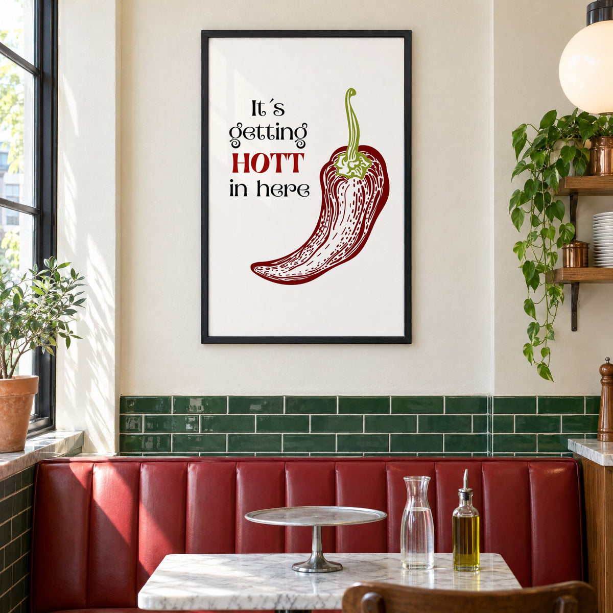 It's getting HOTT red chili print in a black frame above a red leather booth in a sunny pizzeria