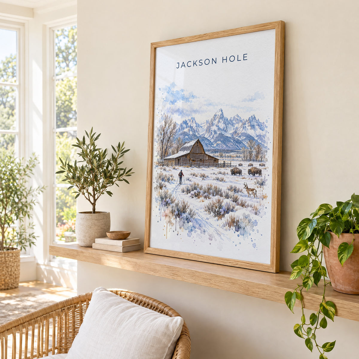 Jackson Hole watercolor print in an oak frame on a picture ledge in a sunlit sunroom