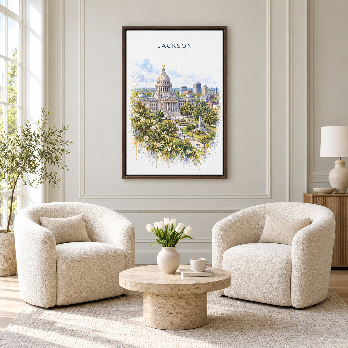 Jackson, Mississippi watercolor print as an espresso floater canvas above two boucle armchairs in a hotel lounge