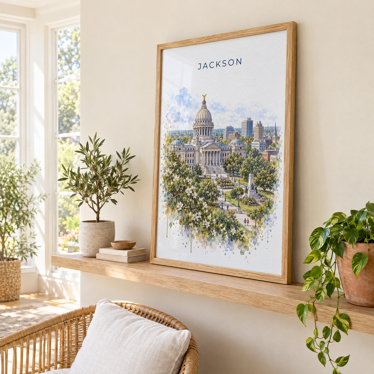 Jackson, Mississippi watercolor print in an oak frame on a picture ledge in a sunlit sunroom