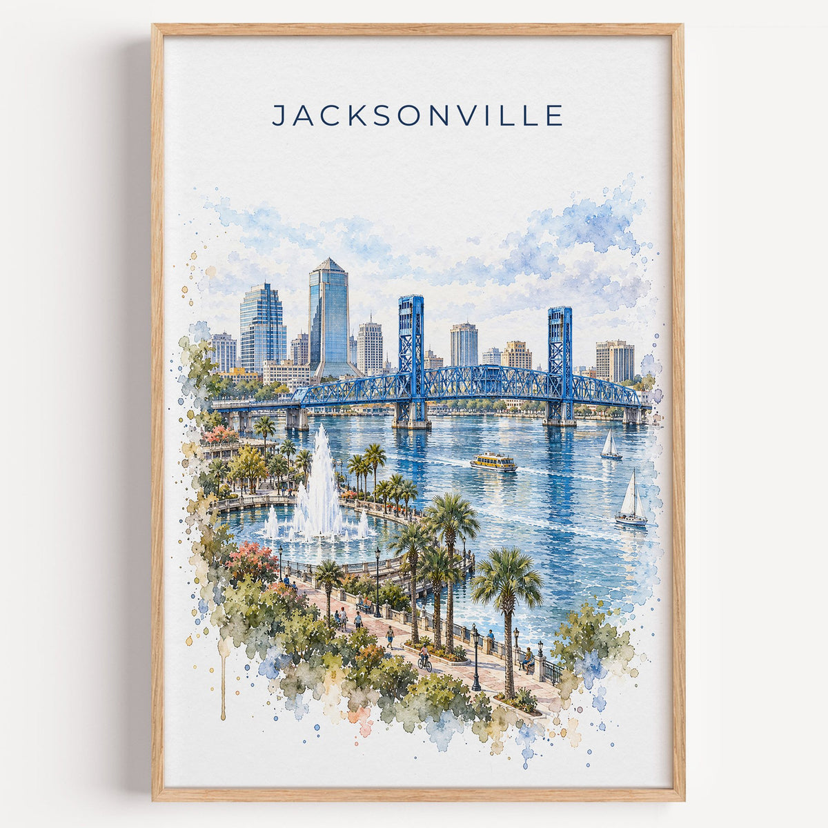 Jacksonville, Florida watercolor print in a light oak frame on a plain white wall