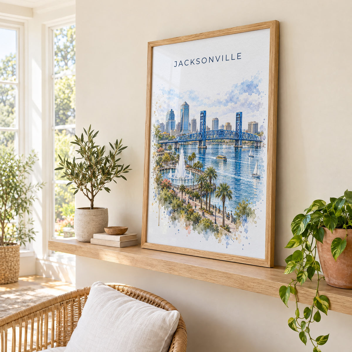 Jacksonville, Florida watercolor print in an oak frame on a picture ledge in a sunlit sunroom