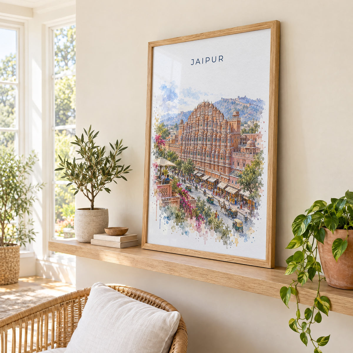 Jaipur watercolor print in an oak frame on a picture ledge in a sunlit sunroom