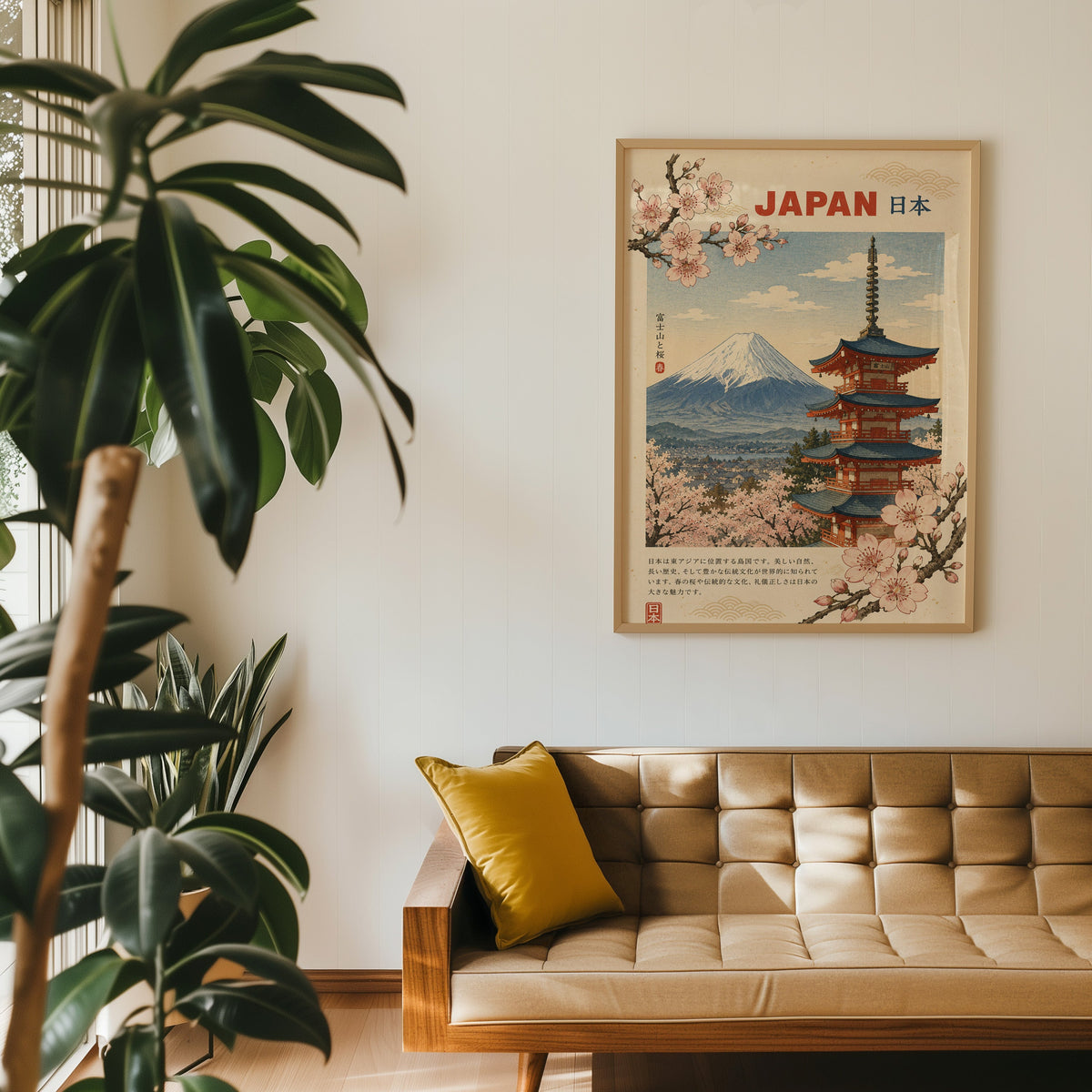 Mount Fuji, red pagoda and sakura print in an oak frame above a tan tufted leather sofa with a mustard cushion