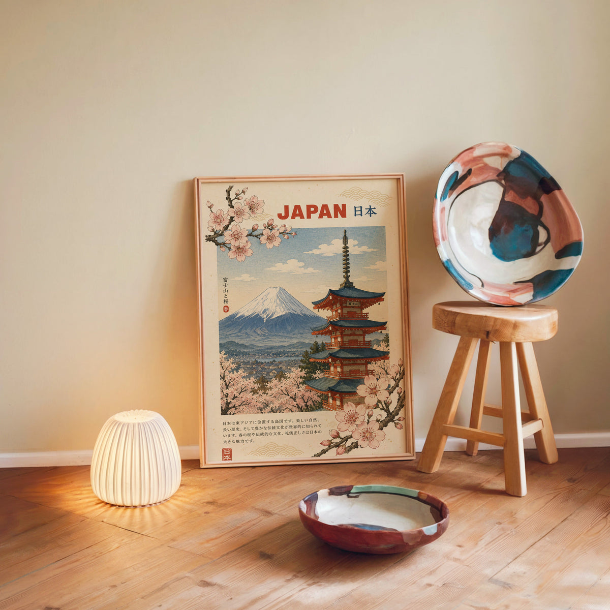Mount Fuji, red pagoda and sakura print in a light wood frame leaning on a wooden floor by a glowing lamp and stool