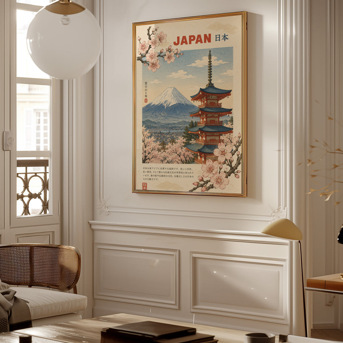 Mount Fuji, red pagoda and sakura print shown in a gold frame on a paneled wall in a Parisian-style living room