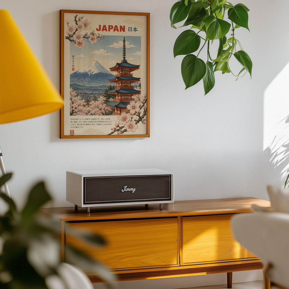 Mount Fuji, red pagoda and sakura print in an oak frame above a teak mid-century sideboard with trailing pothos