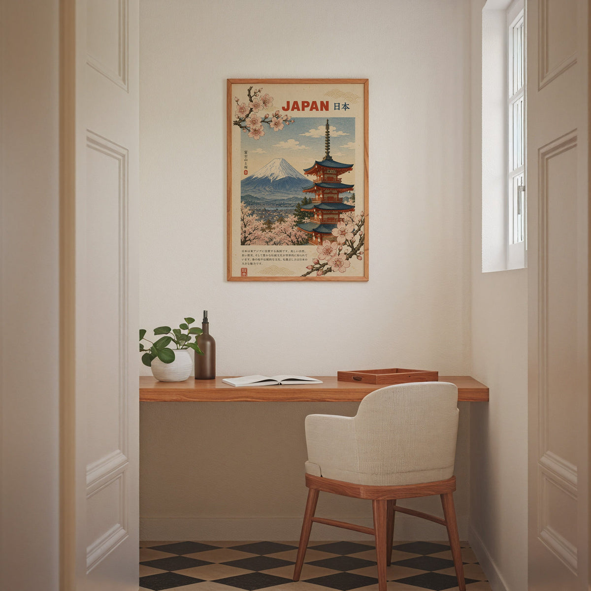 Mount Fuji, red pagoda and sakura print in an oak frame above a wall-mounted desk in a home office nook