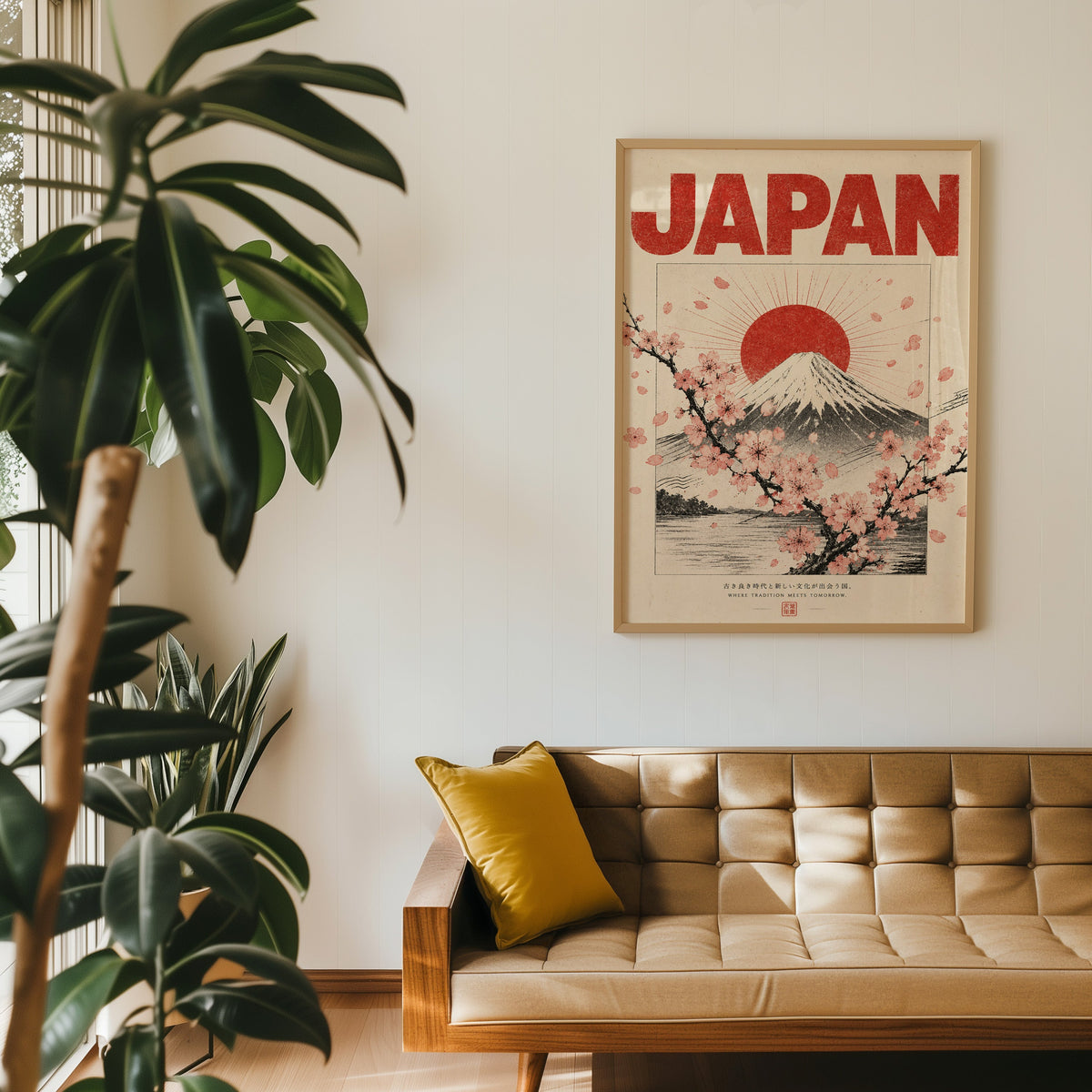 engraved Mount Fuji with sakura print in an oak frame above a tan tufted leather sofa with a mustard cushion