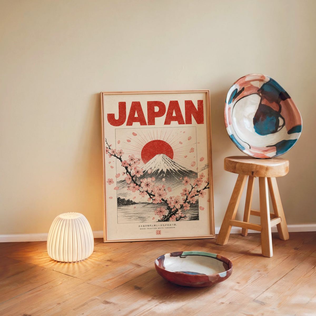 engraved Mount Fuji with sakura print in a light wood frame leaning on a wooden floor by a glowing lamp and stool