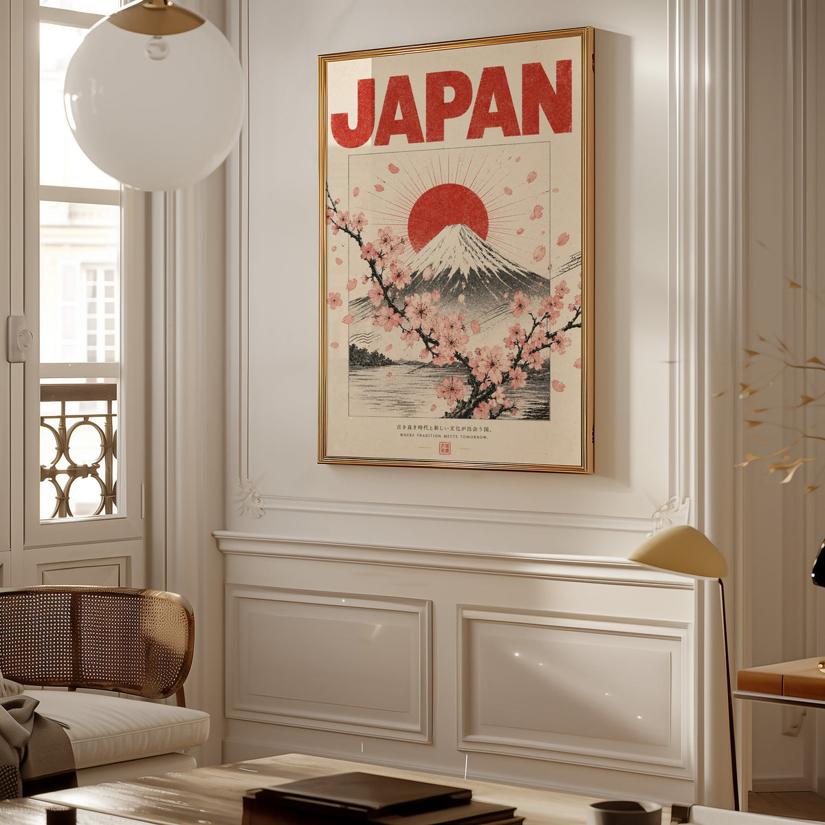 engraved Mount Fuji with sakura print shown in a gold frame on a paneled wall in a Parisian-style living room