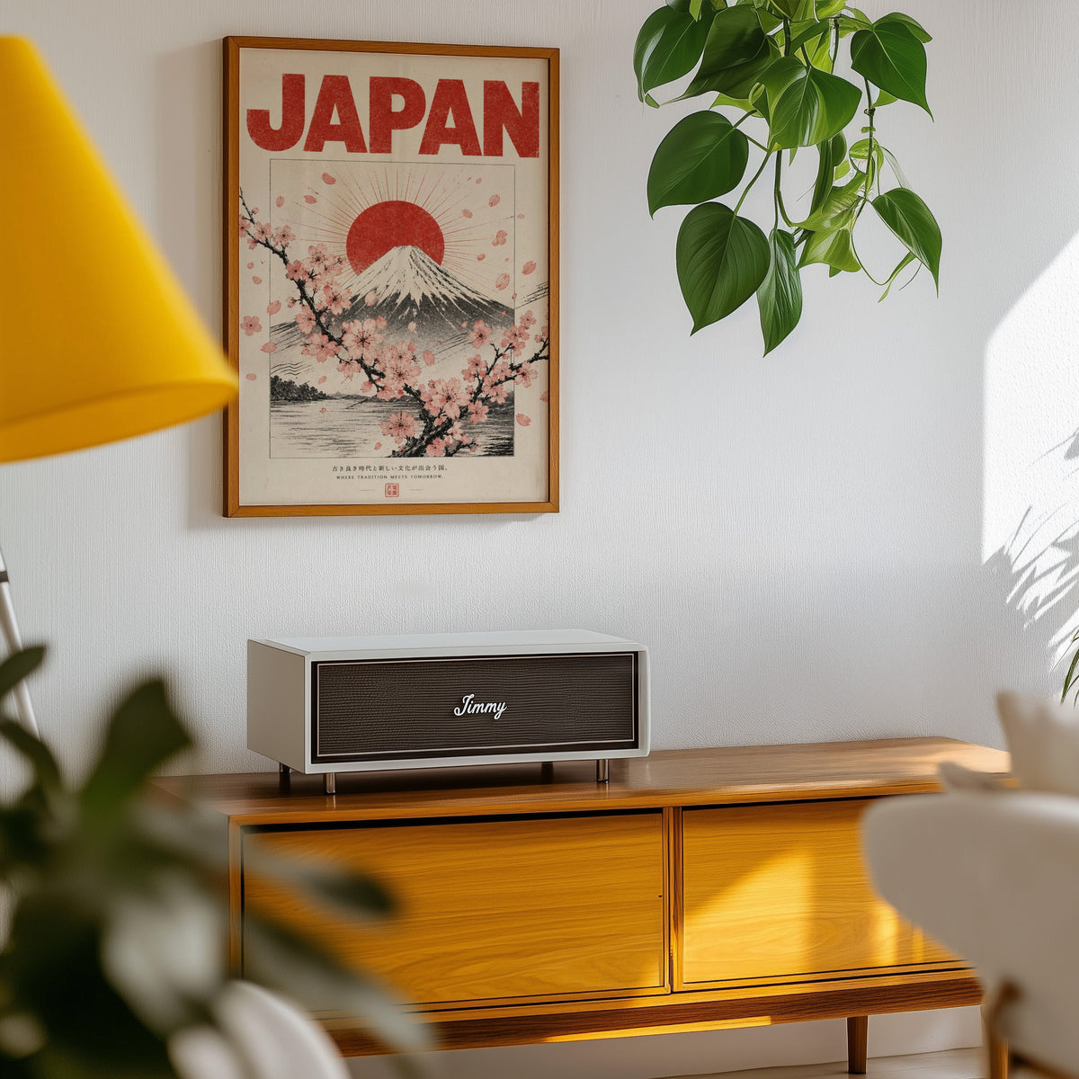 engraved Mount Fuji with sakura print in an oak frame above a teak mid-century sideboard with trailing pothos