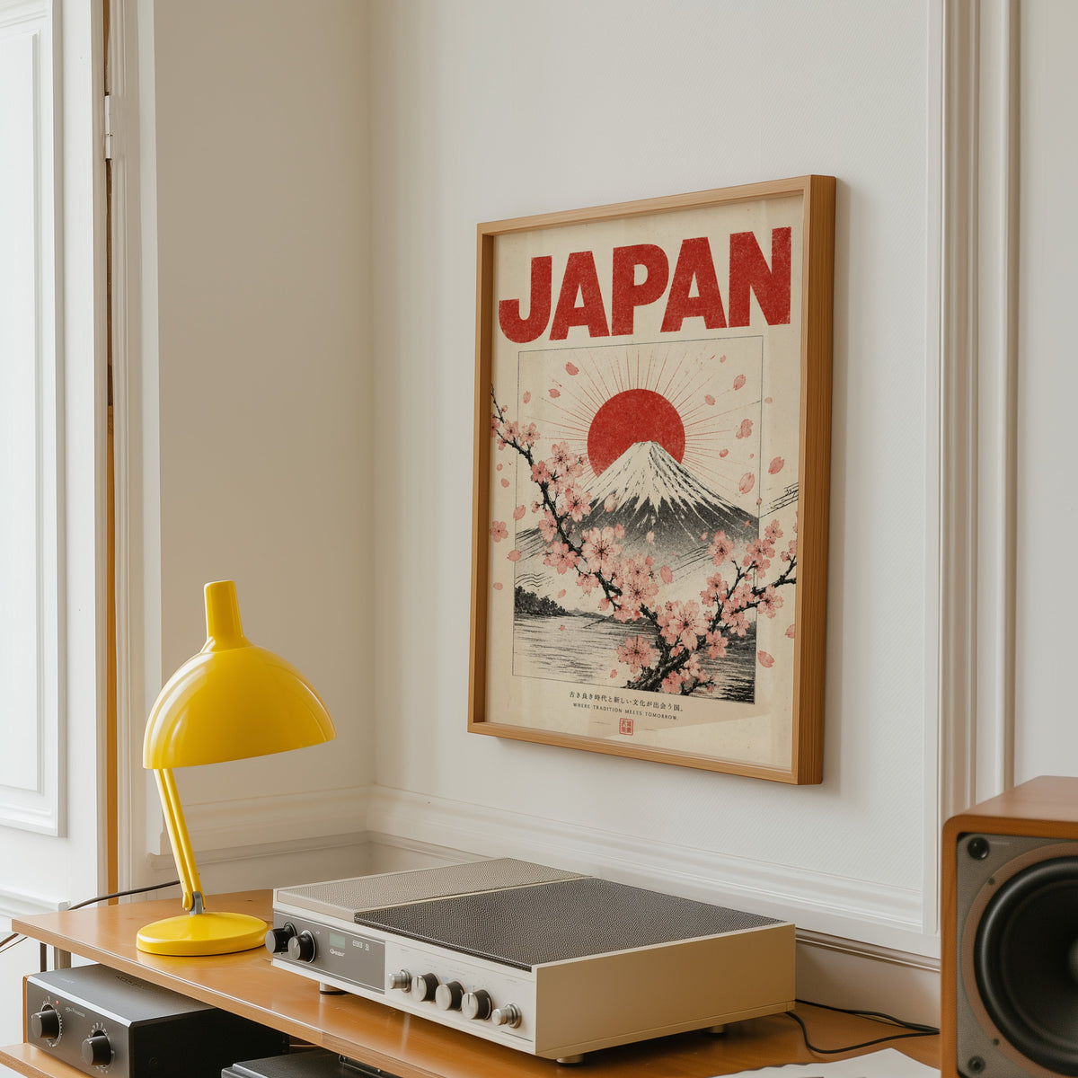 engraved Mount Fuji with sakura print in an oak frame above a vintage hi-fi shelf with a yellow desk lamp