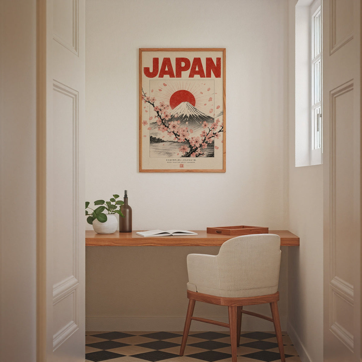 engraved Mount Fuji with sakura print in an oak frame above a wall-mounted desk in a home office nook