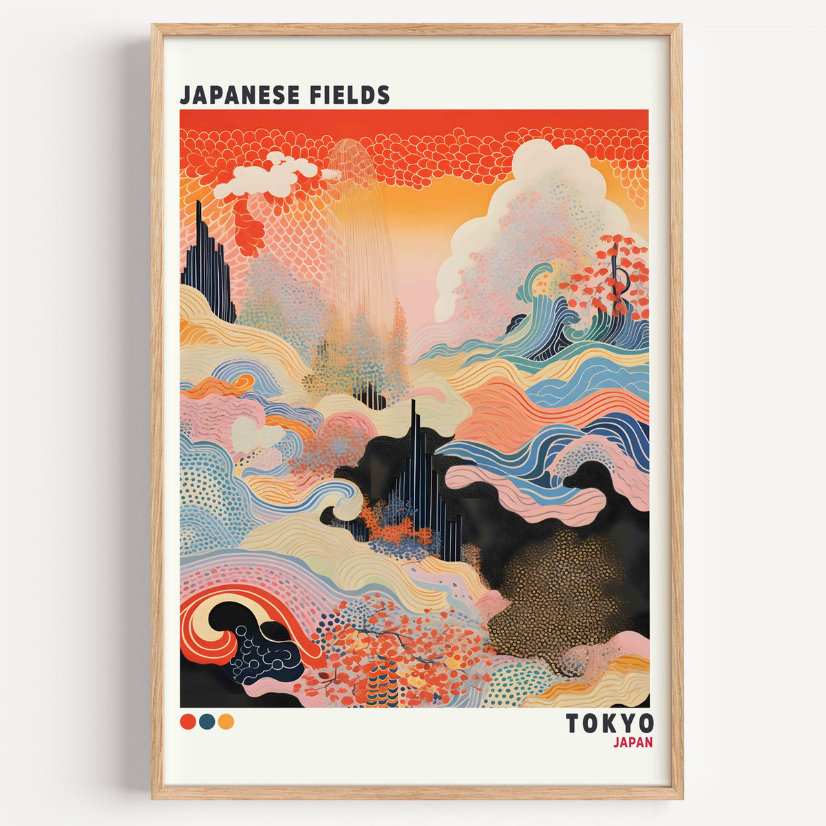 Japanese Fields abstract pattern landscape print in a light oak frame on a plain white wall