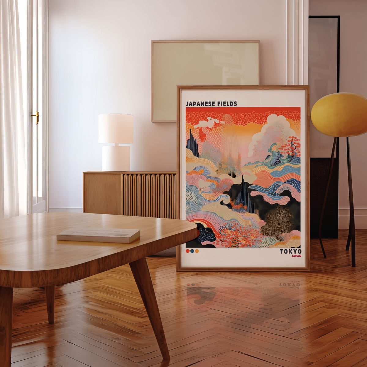 Japanese Fields abstract pattern landscape print in a walnut frame leaning in a mid-century living room
