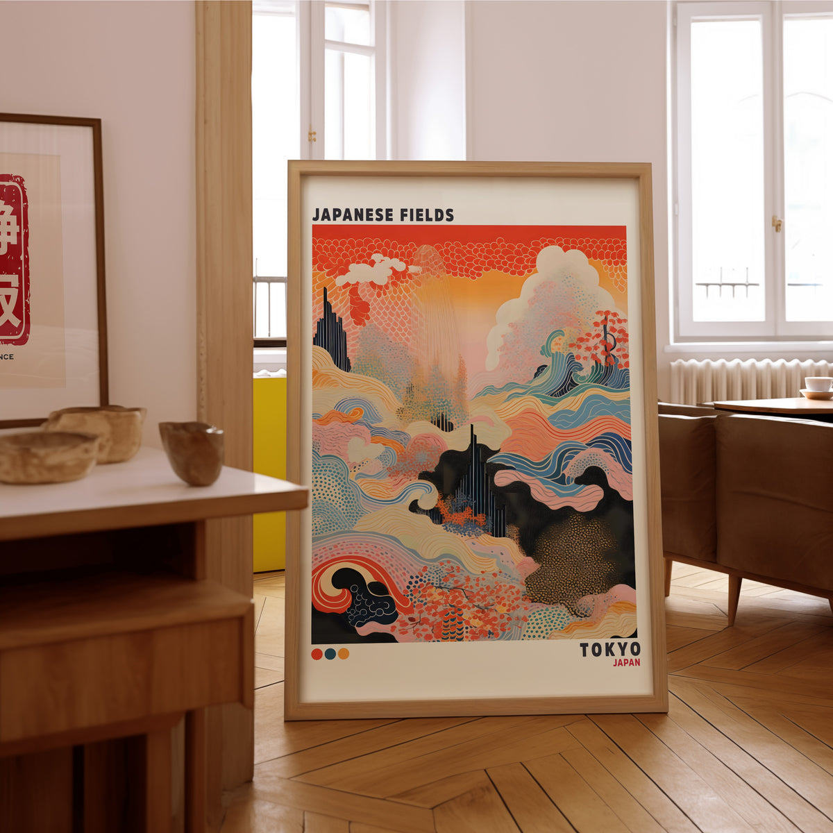 Japanese Fields abstract pattern landscape print in an oak frame on the parquet floor of a sunlit living room