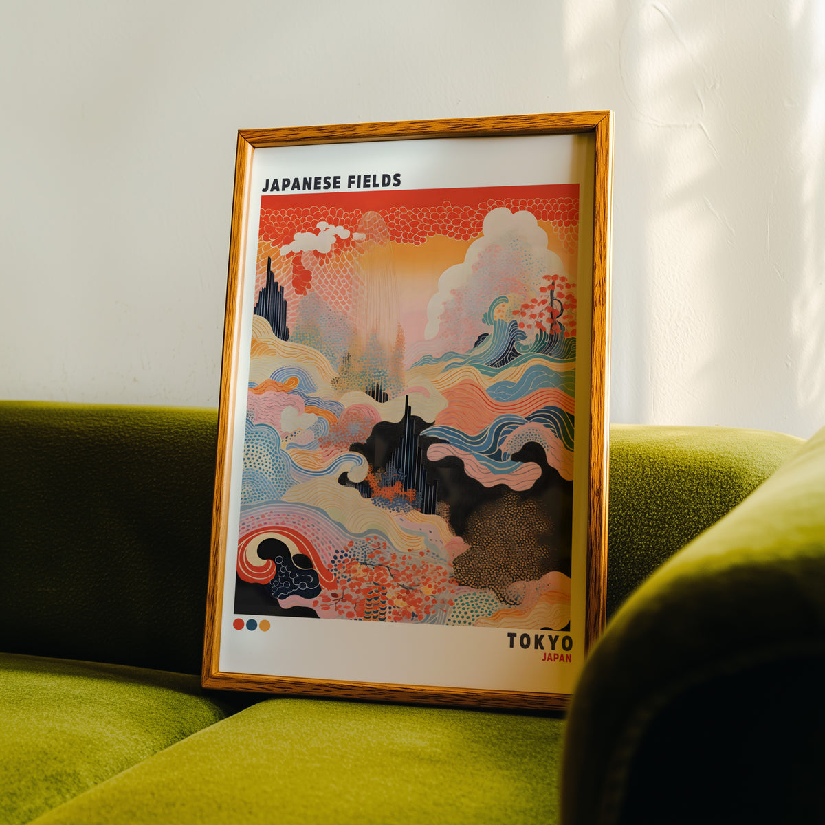 Japanese Fields abstract pattern landscape print in an oak frame propped on a green velvet sofa