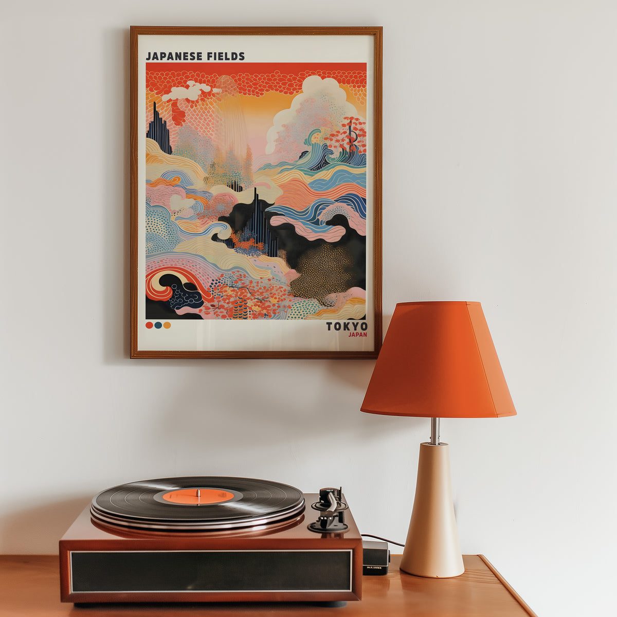 Japanese Fields abstract pattern landscape print in a walnut frame above a sideboard with a record player