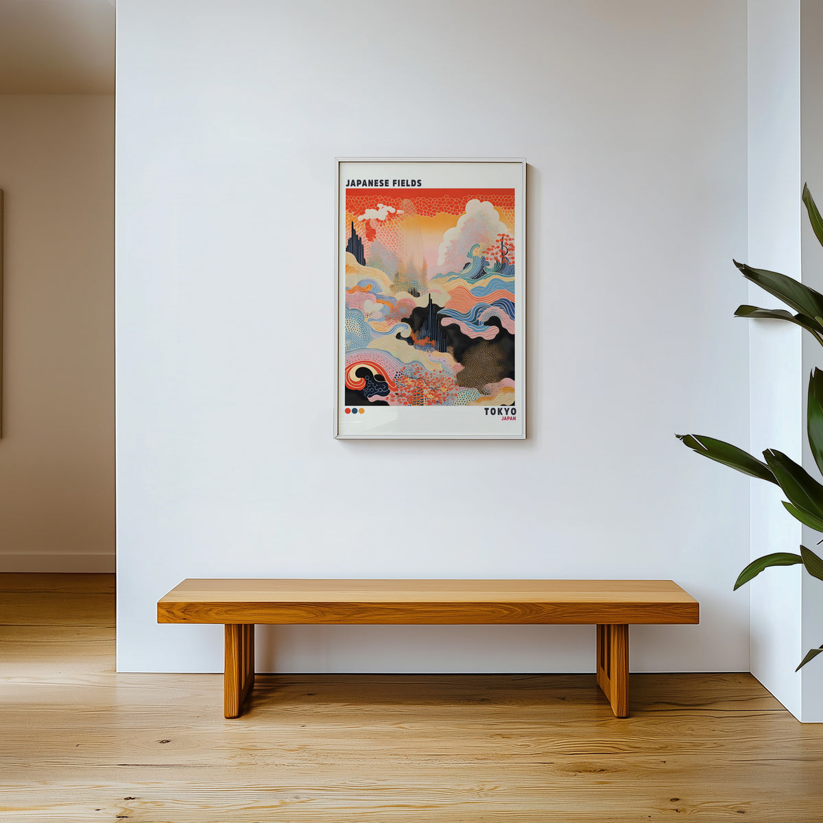Japanese Fields abstract pattern landscape print shown in a white frame above a wooden entryway bench
