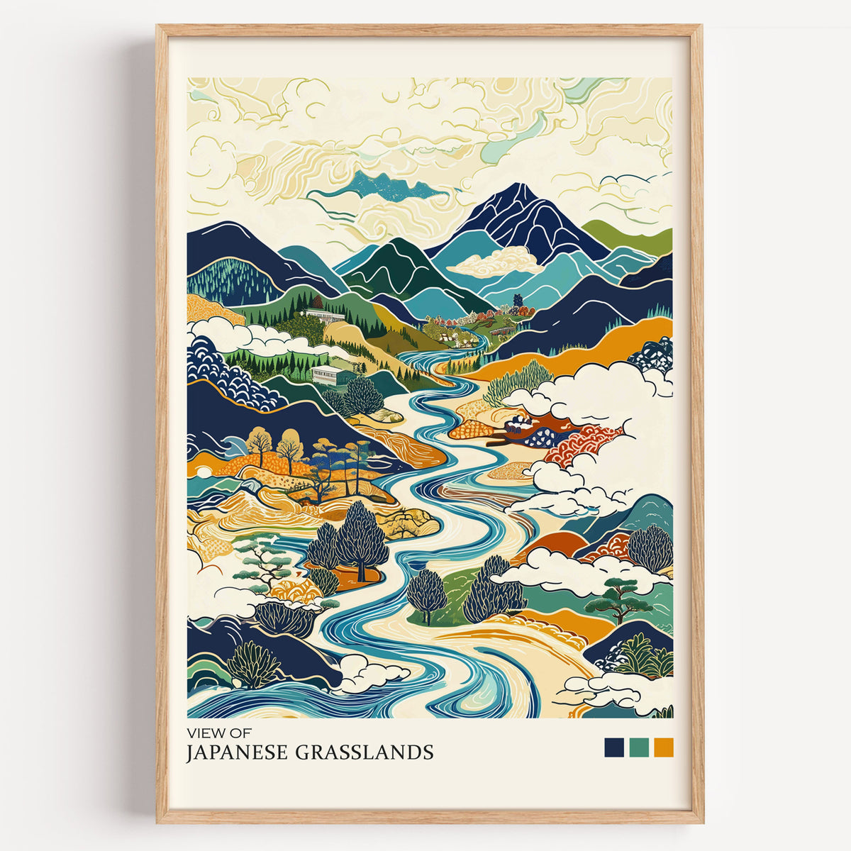 View of Japanese Grasslands river valley print in a light oak frame on a plain white wall