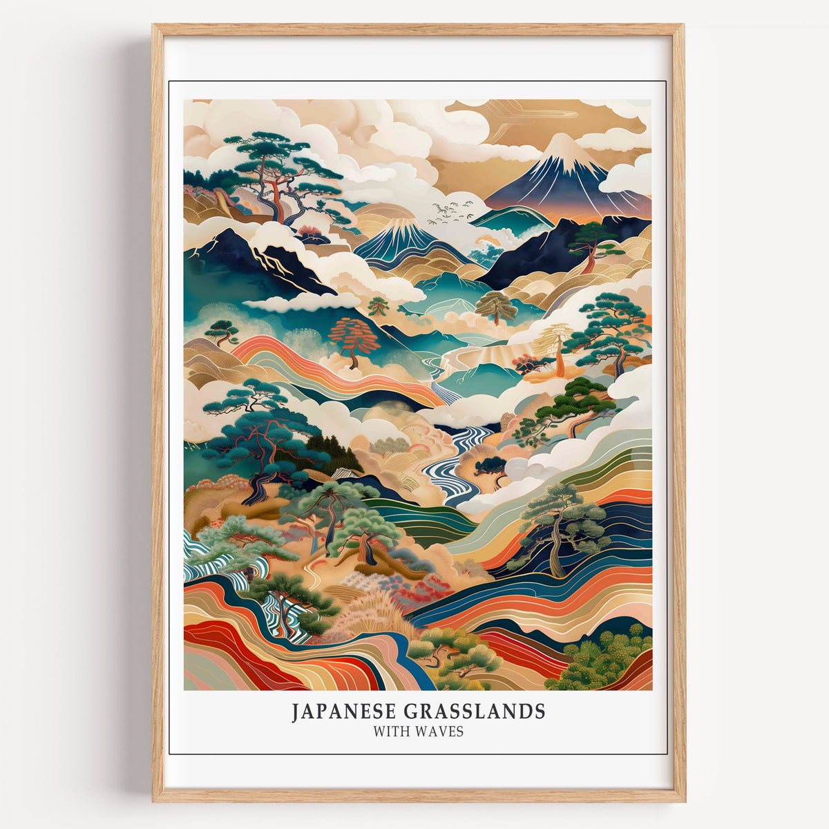 Japanese Grasslands with Waves Fuji print in a light oak frame on a plain white wall