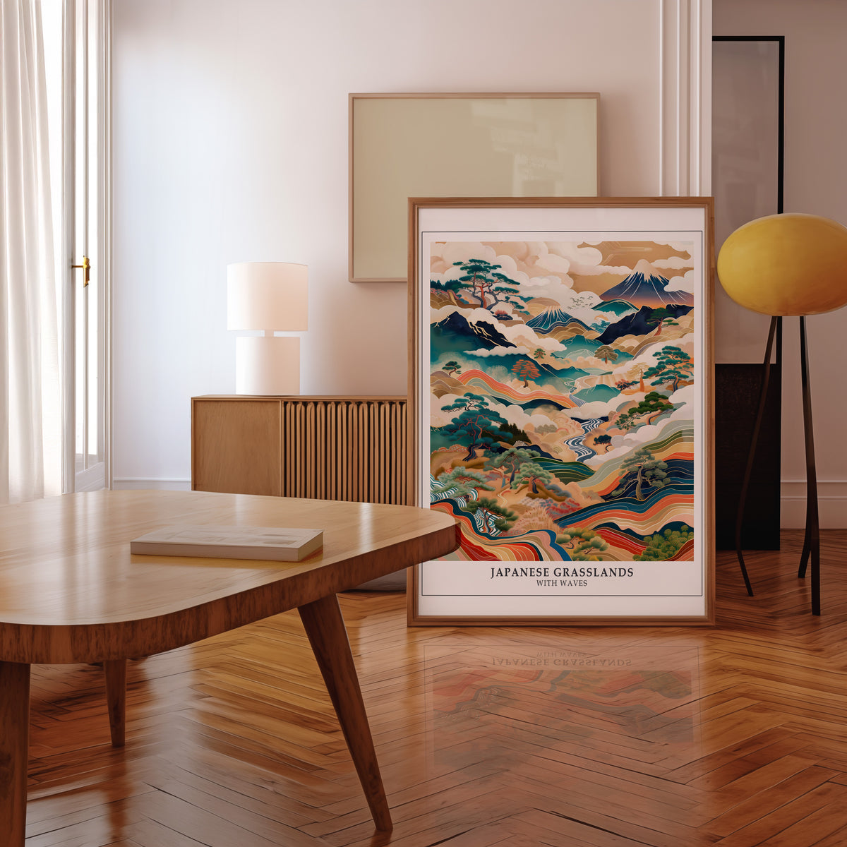 Japanese Grasslands with Waves Fuji print in a walnut frame leaning in a mid-century living room