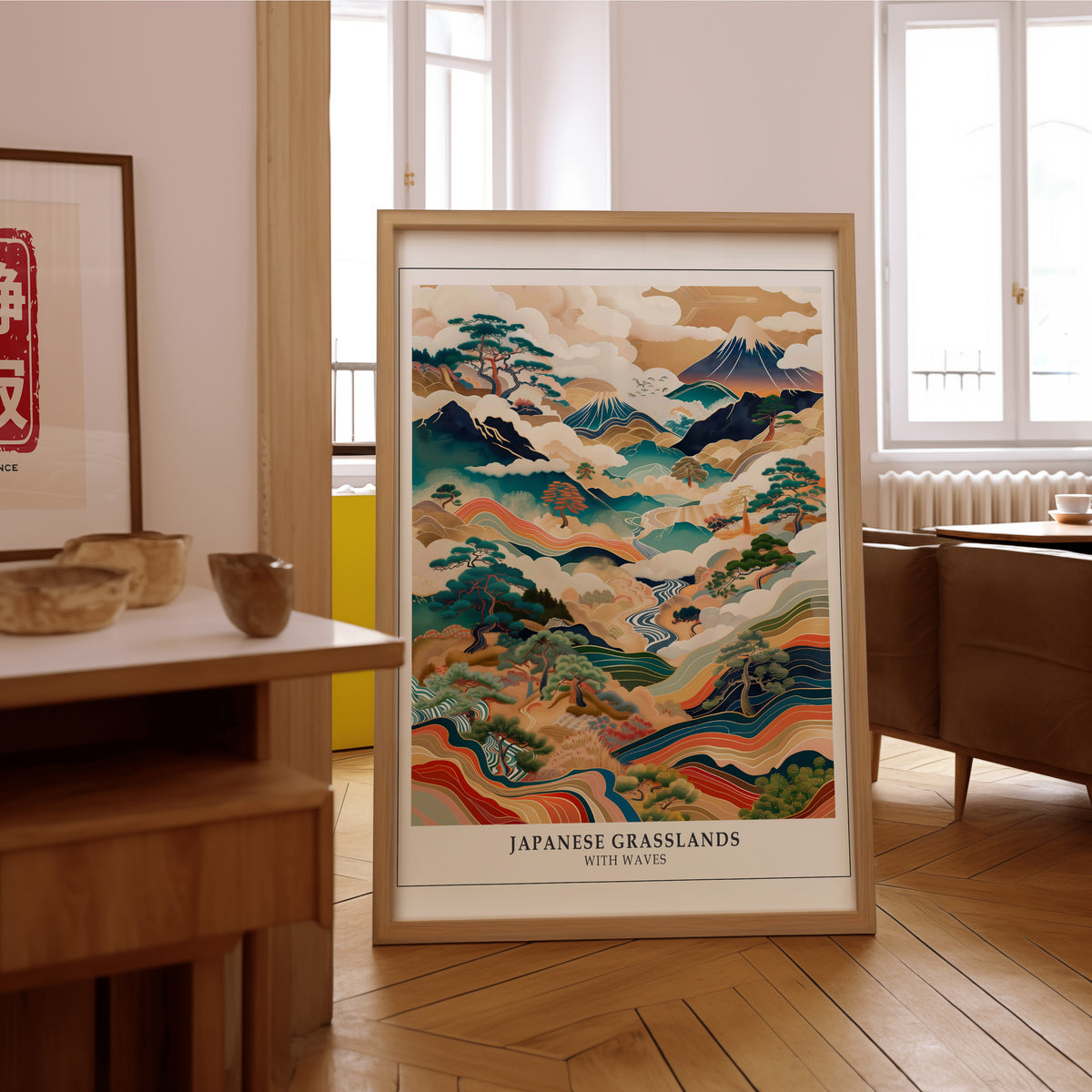 Japanese Grasslands with Waves Fuji print in an oak frame on the parquet floor of a sunlit living room